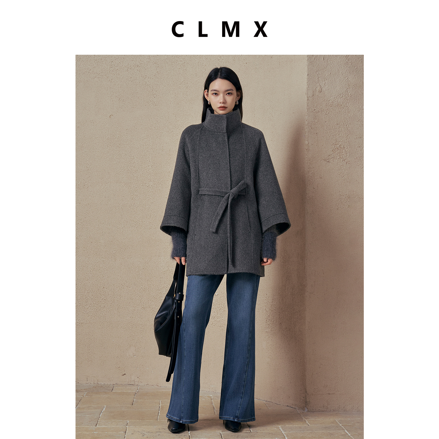 CLMX重磅骆驼绒羊毛双面长毛呢外套立领造型袖口拼接中长款大衣