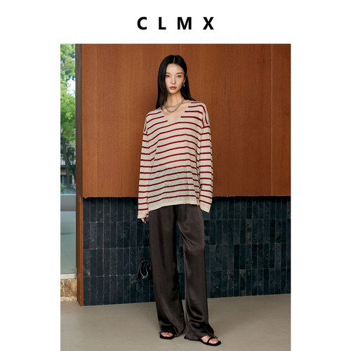 CLMX复古亚麻条纹V领长袖T恤