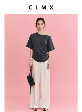 CLMX纯色通勤露肩中袖上衣砂洗针织空气层柔软面料大圆领收腰T恤