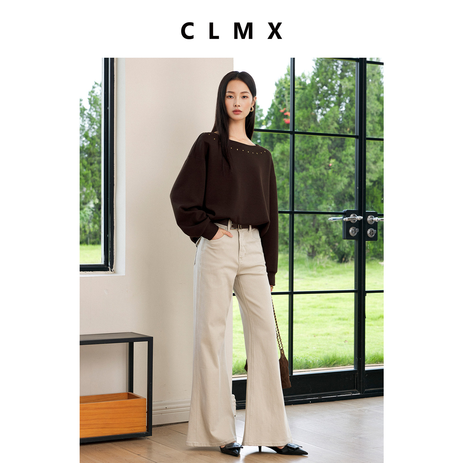 CLMX棉质一字领金属烫片卫衣女
