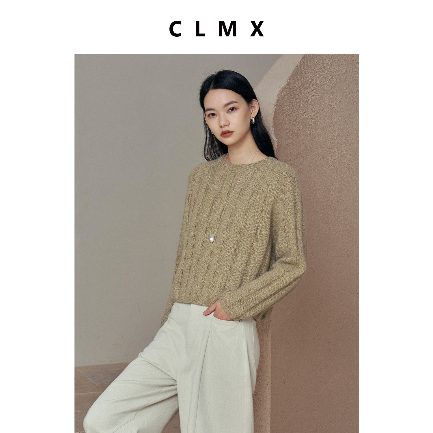CLMX亲肤羊毛经典松弛有型套头针织衫圆领插肩袖短款宽松毛衣