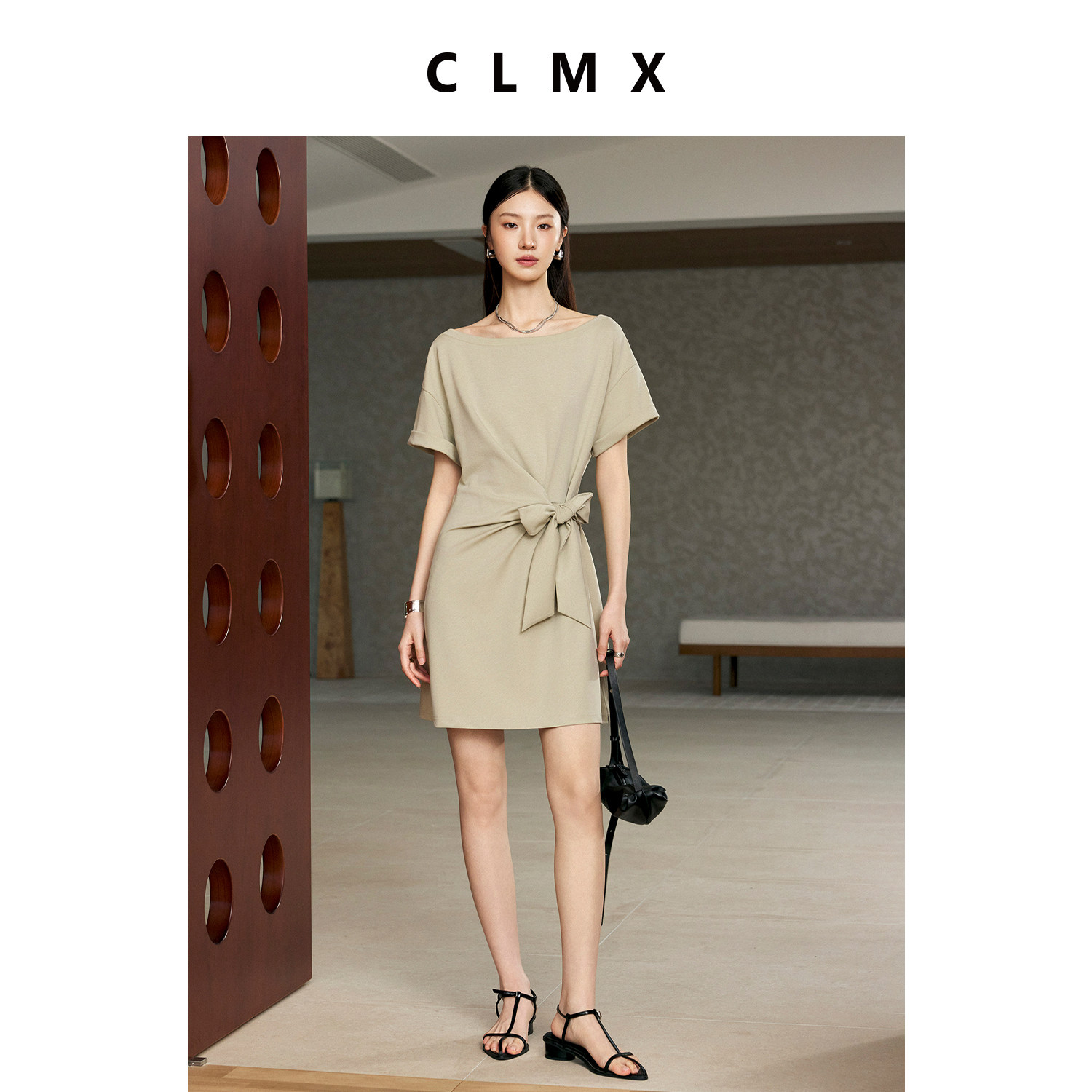 CLMX棉质一字领修身T恤连衣裙