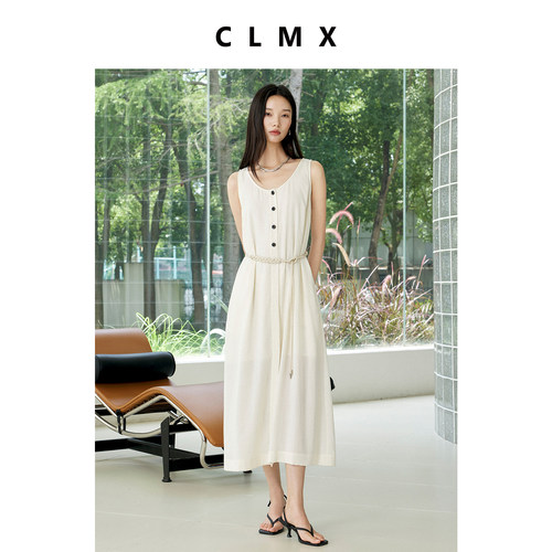 CLMX莱赛尔亚麻通勤无袖连衣裙