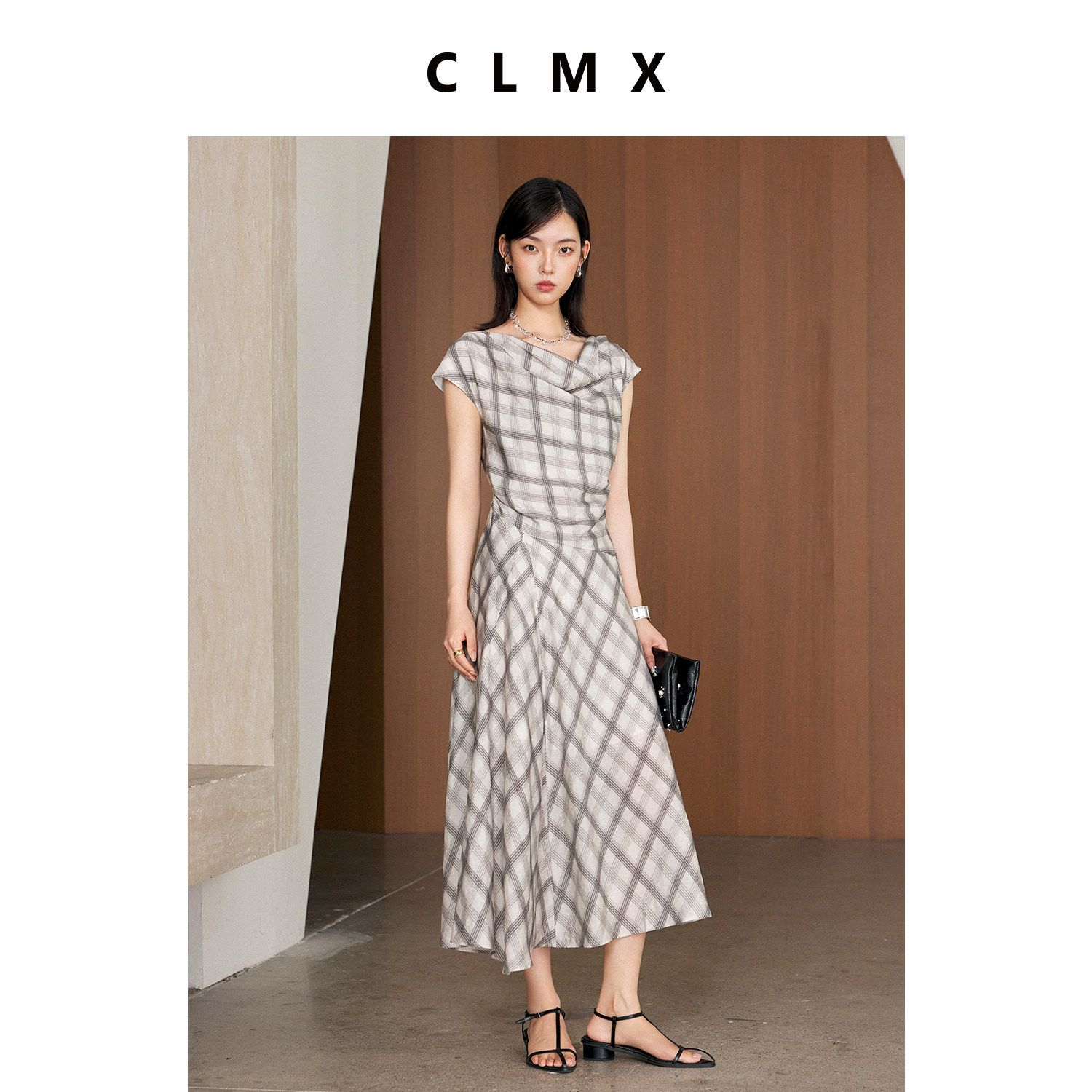 CLMX复古格纹桑蚕丝荡领连衣裙