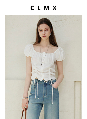 CLMX轻薄柔软褶皱苎麻莱赛尔面料 法式方领连肩泡泡袖系带上衣T恤