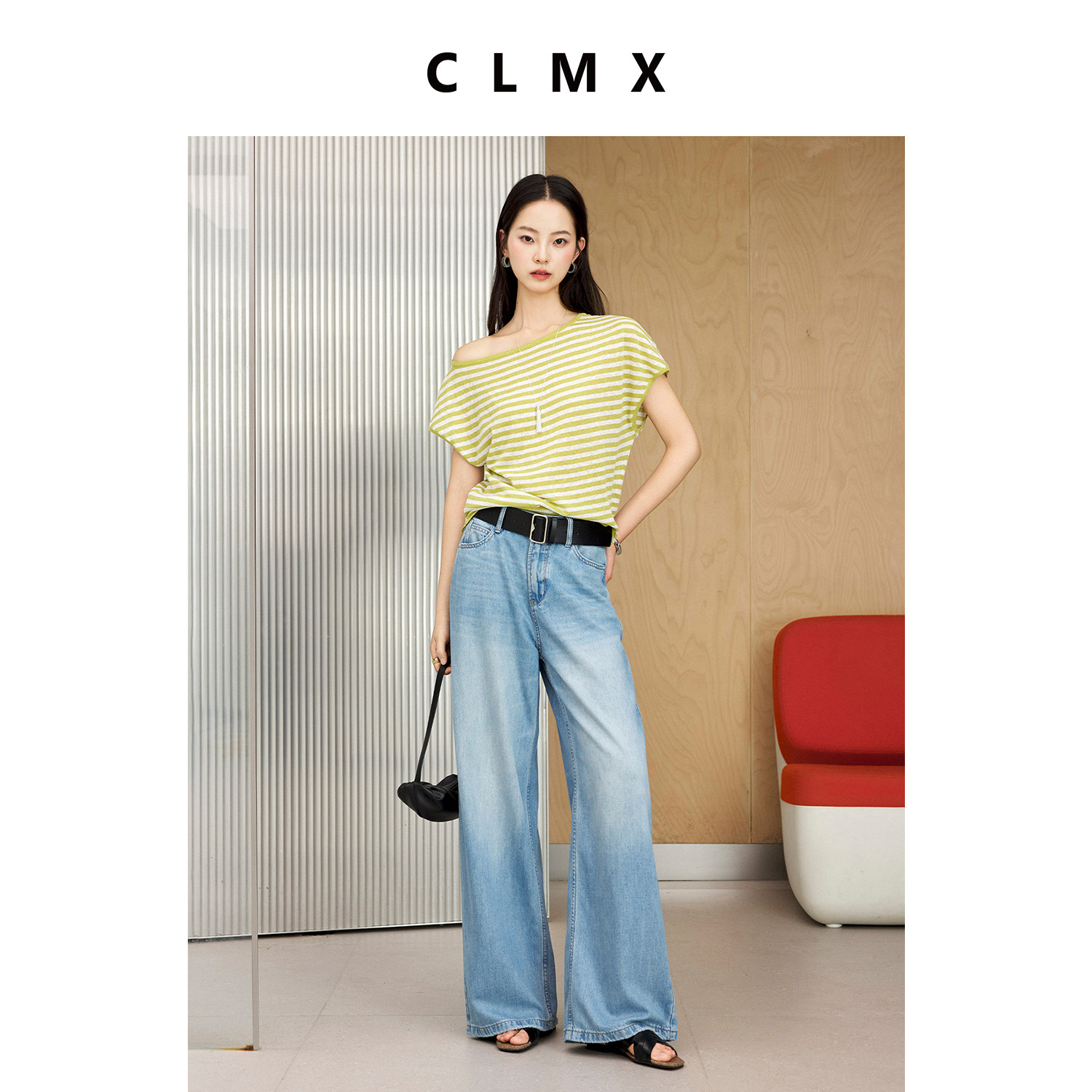 CLMX复古棉亚麻条纹不对称一字斜肩短袖T恤女夏季露肩体恤上衣