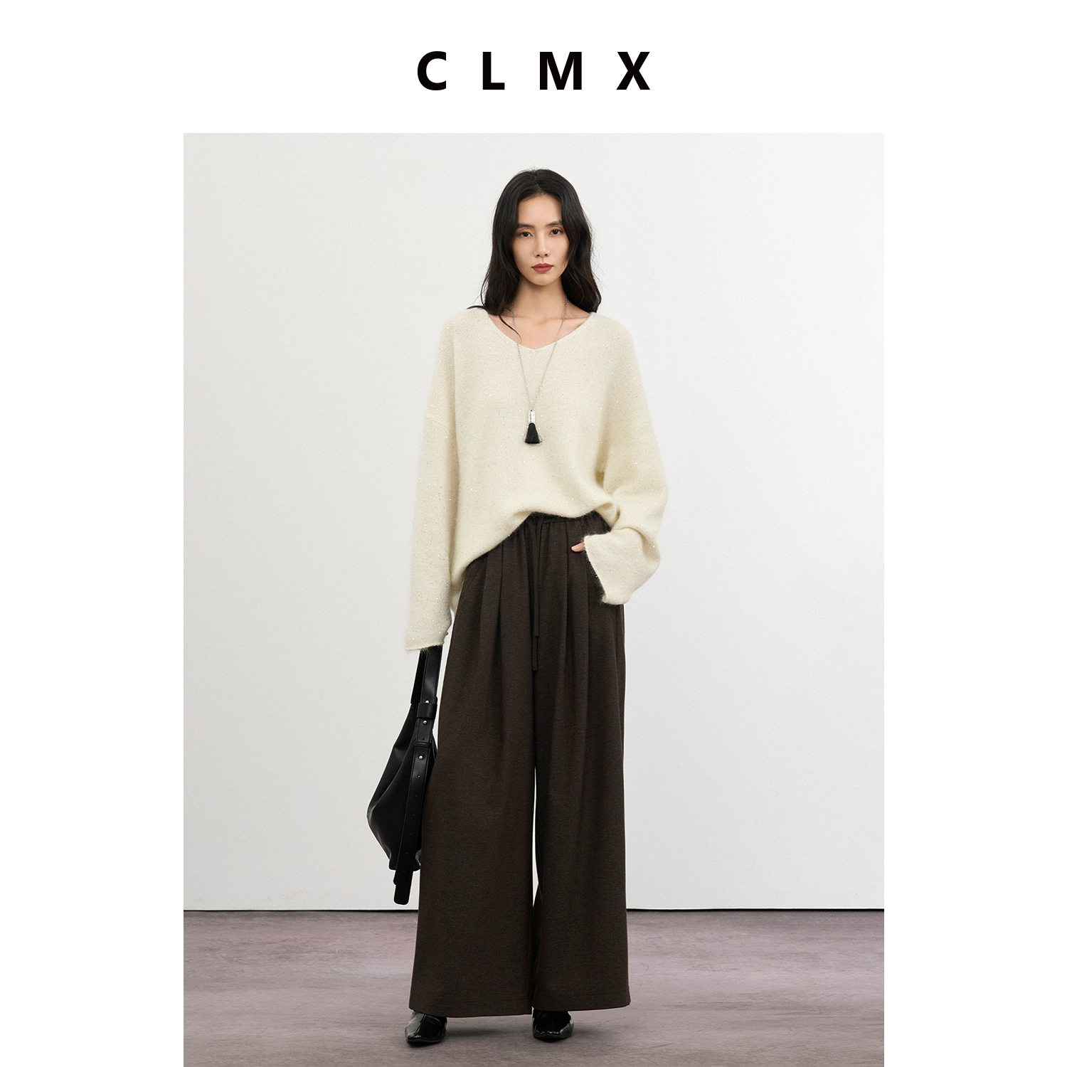 CLMX秋冬V领亮片针织衫羊毛马海毛银丝珠片混纺纱线城市通勤毛衣