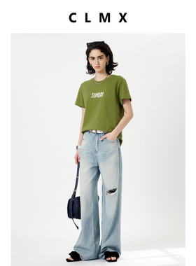 CLMX夏季简约通勤上衣透气全棉面料灵动有骨感时髦字母印花T恤女