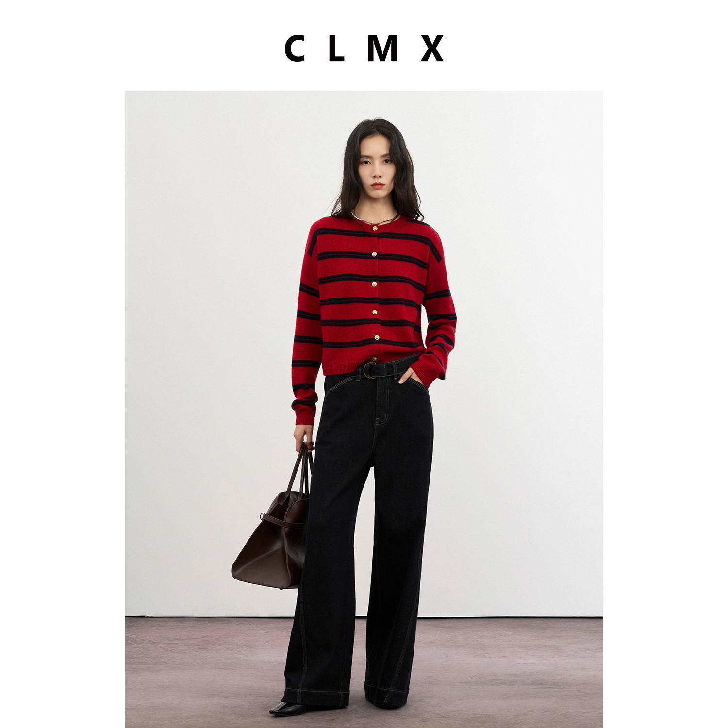 CLMX知识分子风条纹圆领针织开衫16支单绵羊毛纱线秋冬通勤上衣女