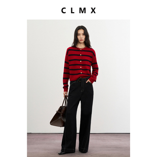 CLMX知识分子风条纹圆领针织开衫16支单绵羊毛纱线秋冬通勤上衣女