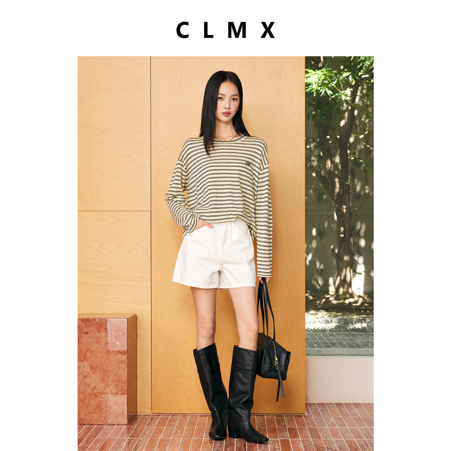 CLMX绵羊毛圆领条纹宽松针织衫
