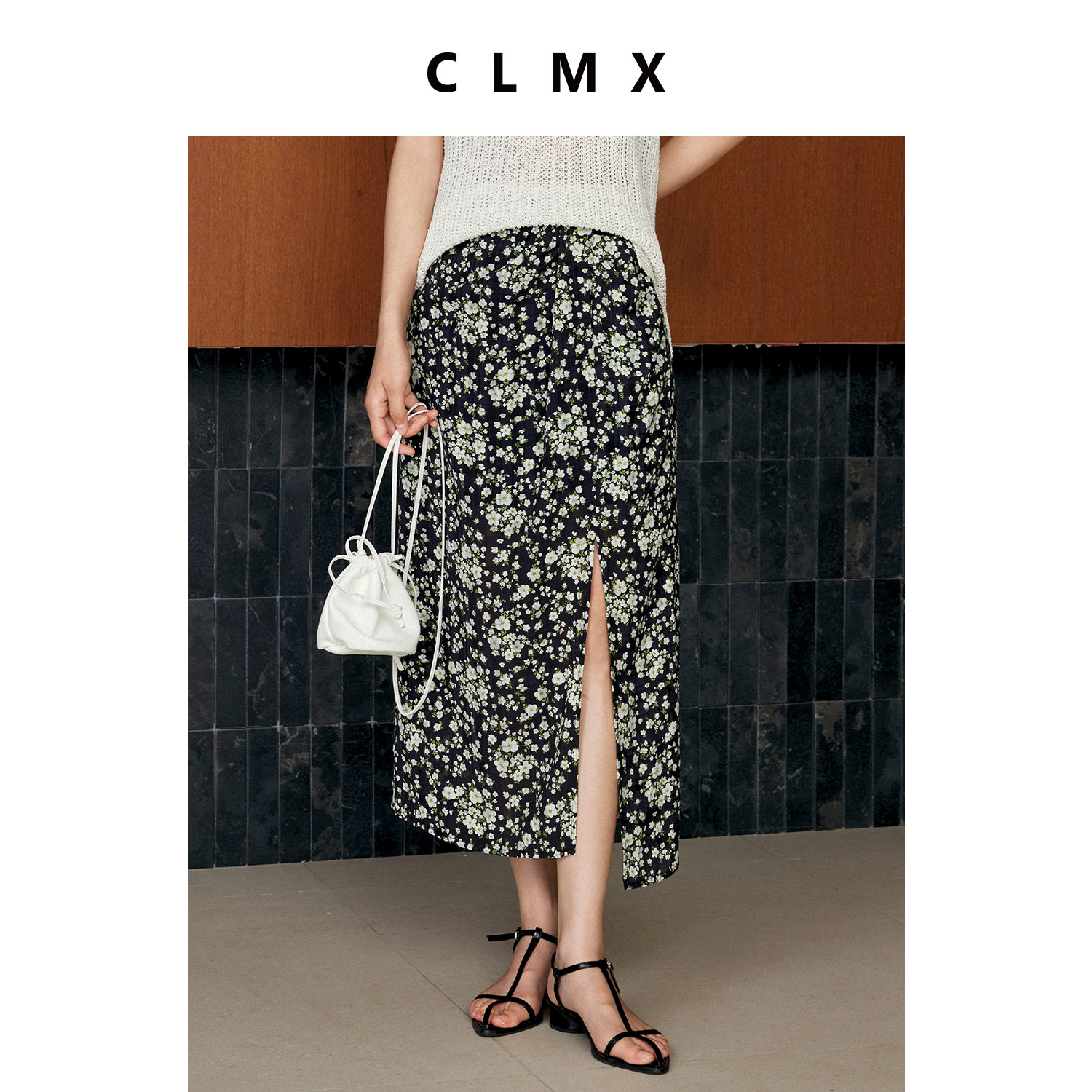 CLMX夏季复古碎花前开衩半身裙