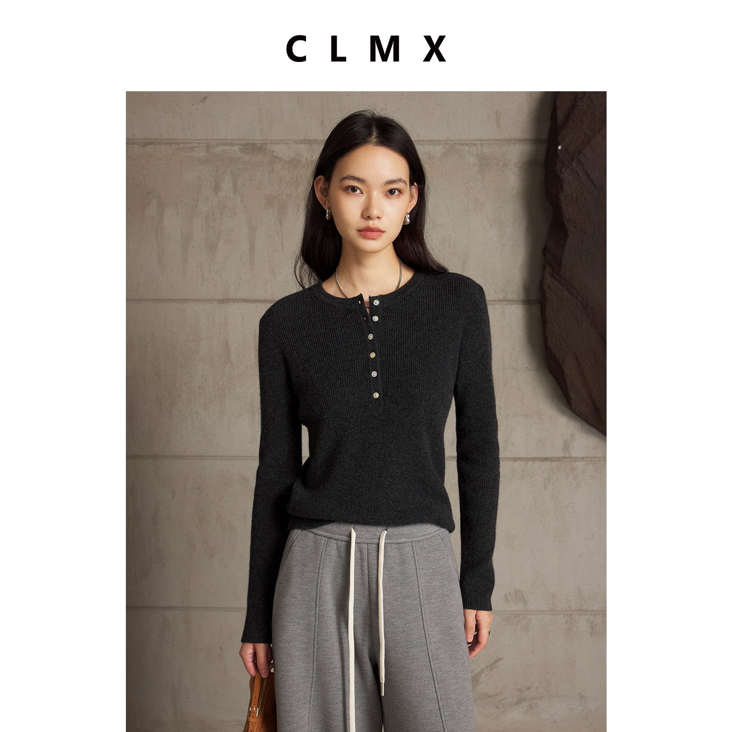 CLMX原生暖柔感26支100%羊毛纱线复古亨利圆领抽条合身羊毛毛衣
