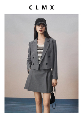 CLMX肌理感莱赛尔混纺西装面料 时髦双排扣箱型西装/短裙赠腰带
