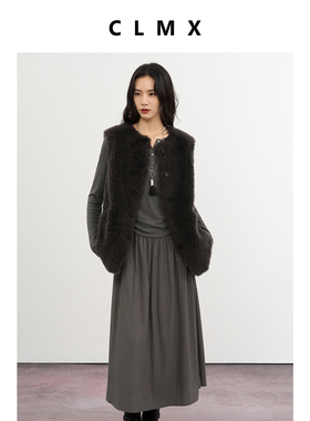 CLMX纯色时髦减龄圆领开襟马甲100%绵羊毛秋冬通勤上衣女