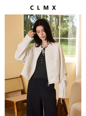 CLMX复古PU皮圆领外套挺阔不僵具有垂坠感秋季简约老钱风夹克女