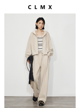 CLMX双面螺纹亲肤磨毛针织布 摩登中性风字母印花连帽卫衣/卫裤