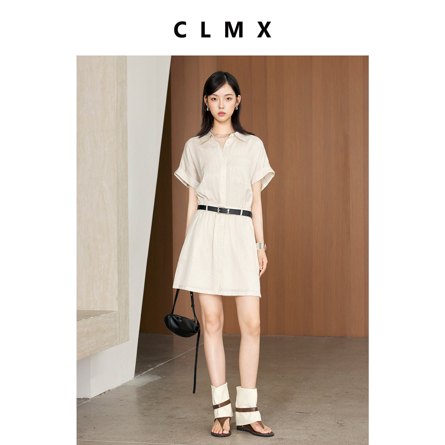 CLMX棉亚麻工装短袖衬衫连衣裙