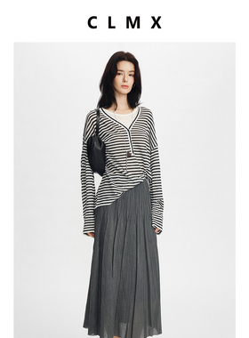 CLMX简约微弹裙子亚麻风格干爽乱麻肌理面料褶皱半身裙