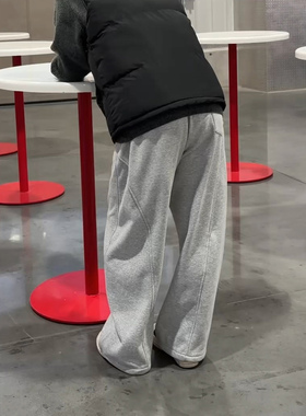 灰色重磅加绒弯刀卫裤男款冬季美式健身运动裤子斜切直筒休闲长裤