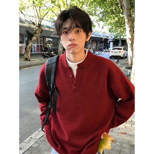 假两件美式亨利领毛衣男款冬季本命年红色外套慵懒针织内搭打底衫