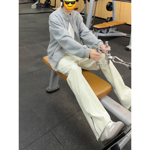 米白色加绒弯刀裤子男款冬季健身训练运动裤侧拉链防风防水冲锋裤