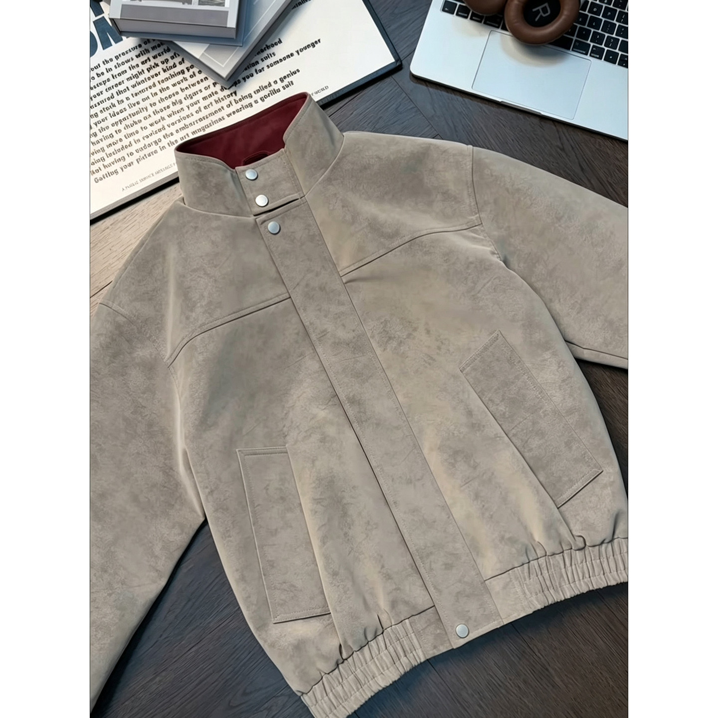 美式复古扎染撞色皮衣男款秋季设计感立领工装外套飞行员正肩夹克