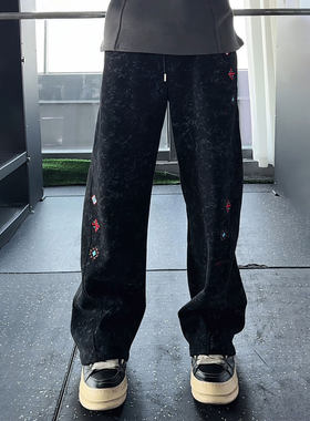 黑色美式刺绣弯刀卫裤男冬季重磅加绒扎染裤子斜切运动休闲微喇裤