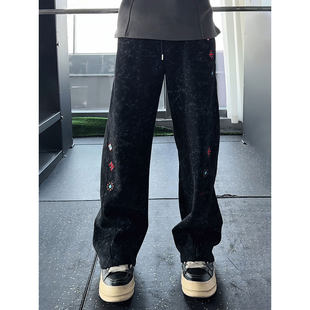 黑色美式刺绣弯刀卫裤男冬季重磅加绒扎染裤子斜切运动休闲微喇裤