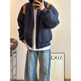 藏青色飞行员棉衣外套男款秋冬美式复古工装夹克立领短款羽绒棉服