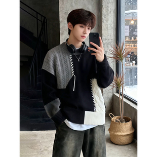美式慵懒高级感毛衣男款春季加厚内搭可外穿打底衫撞色拼接针织衫