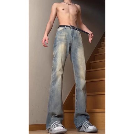 美式高街vibe高腰提档裤子男夏季复古蓝弯刀牛仔裤水洗直筒微喇裤