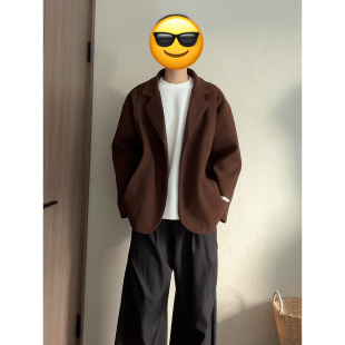 英伦风毛呢西装外套男款秋冬季加厚加绒短款风衣夹克棕色呢子大衣