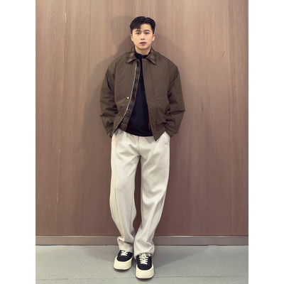 格子翻领棉服外套男美式复古夹克