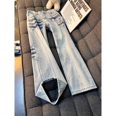 闪电纹微喇牛仔裤加绒美式工装裤