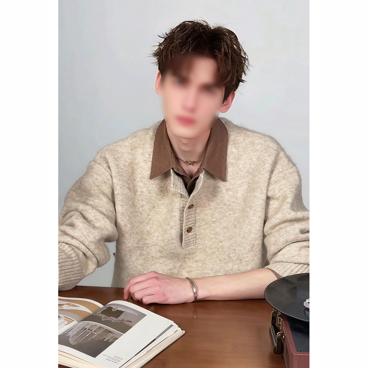 卡其色假两件翻领毛衣男春季韩系慵懒针织打底衫加厚美式复古外套