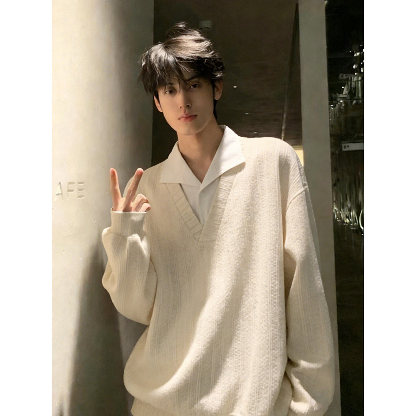 杏色假两件翻领卫衣男春季麦穗纹重磅长袖t恤高级感叠穿打底上衣