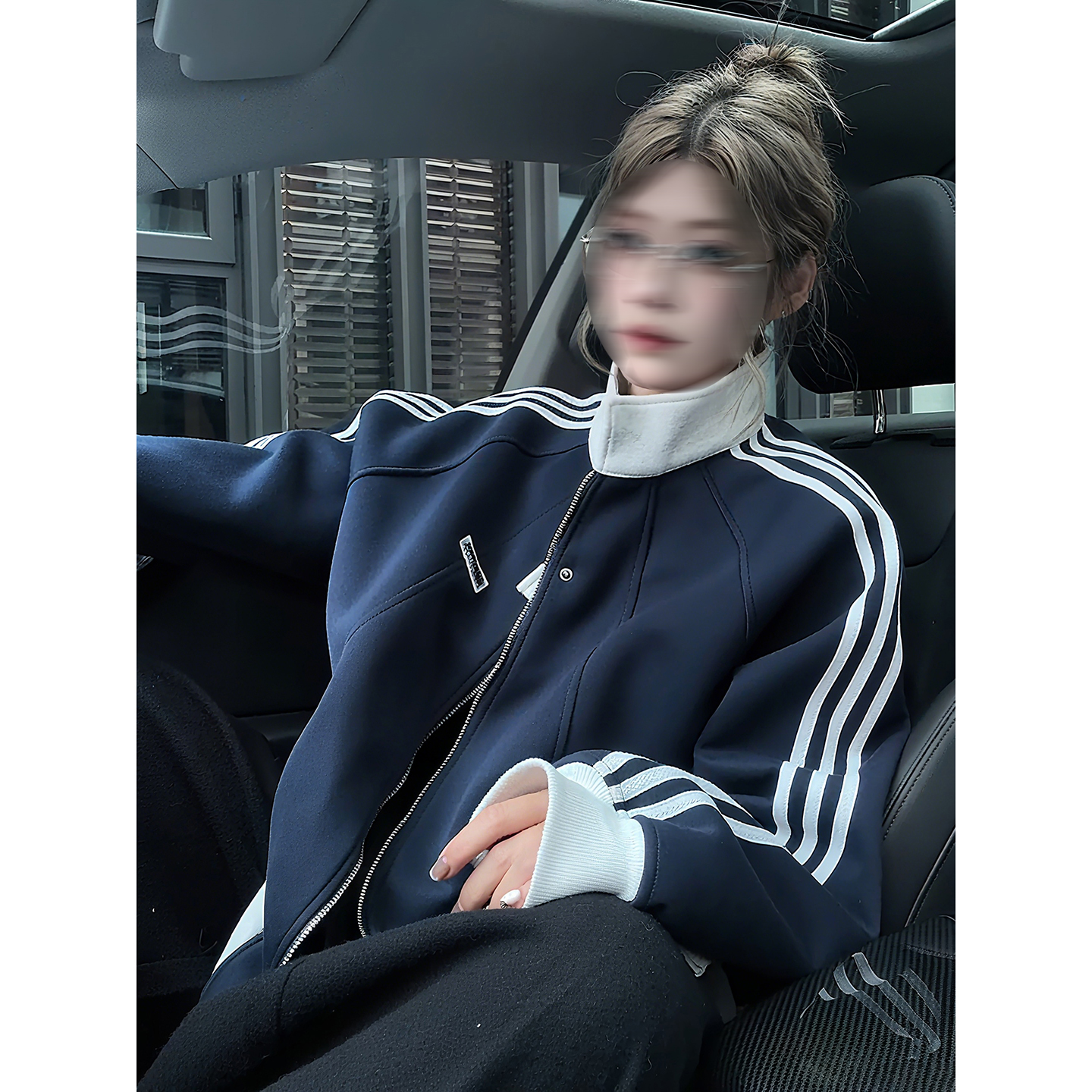 藏青色学院风开衫卫衣男女秋季运动休闲外套重磅美式条纹立领夹克