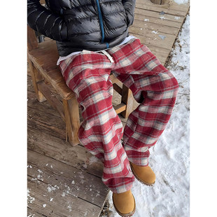 红色加厚毛呢格子裤子男款冬季加绒慵懒风阔腿裤直筒宽松弯刀卫裤