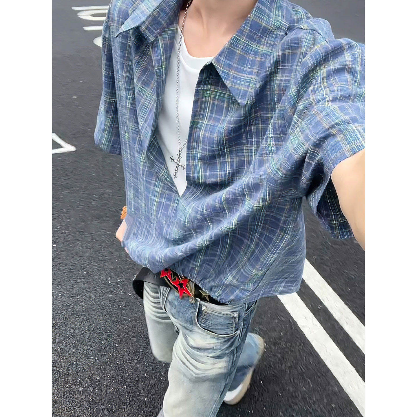 假两件蓝色格子衬衫短袖男生夏季速干v领半袖衬衣情侣七分袖外套