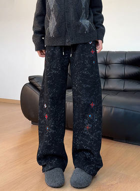 黑色美式刺绣弯刀卫裤男秋冬重磅加绒扎染裤子斜切直筒运动休闲裤