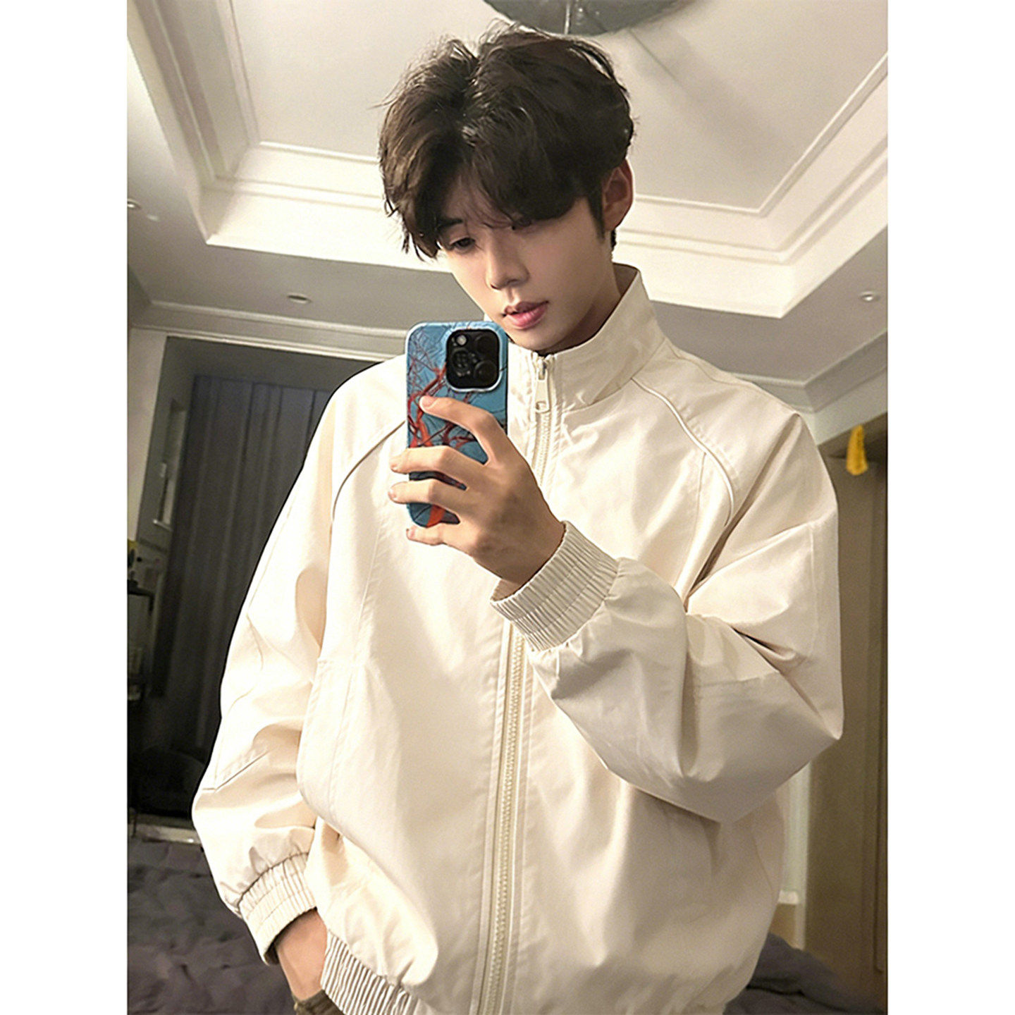 杏色美式立领飞行夹克男春季廓形短款工装外套运动防风户外冲锋衣