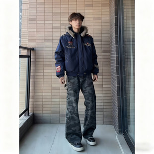 美式工装迷彩牛仔裤男冬季加绒加厚保暖裤子显腿长宽松直筒休闲裤