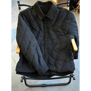 美式黑色菱形格羽绒棉服男款冬季翻领保暖面包服复古工装棉袄外套