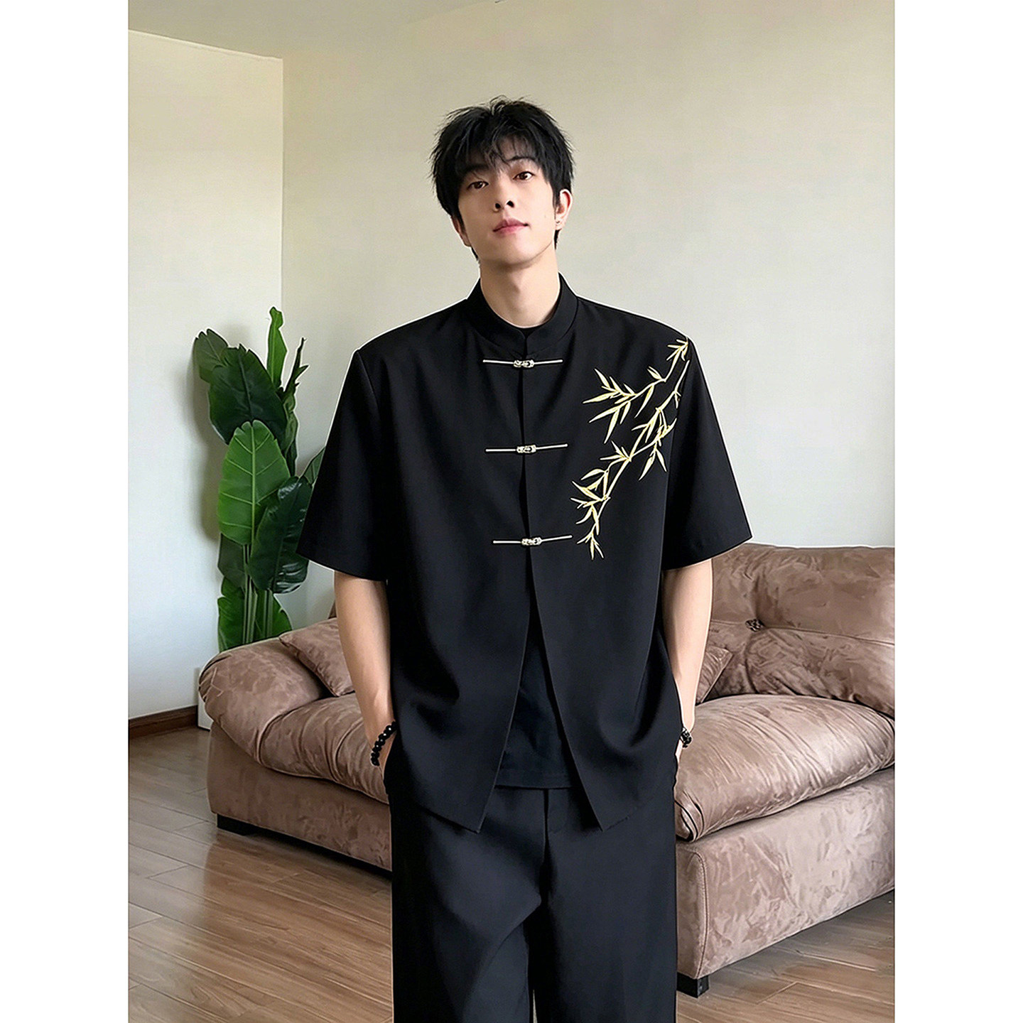 新中式刺绣短袖衬衫男款夏季套装国风订婚礼服衬衣西裤搭配一整套