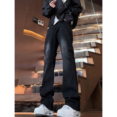 黑色直筒牛仔裤美式高街加绒裤子