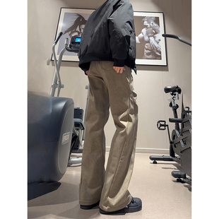 美式复古棕色加绒裤子男款冬季褶皱弯刀工装裤直筒显瘦微喇休闲裤