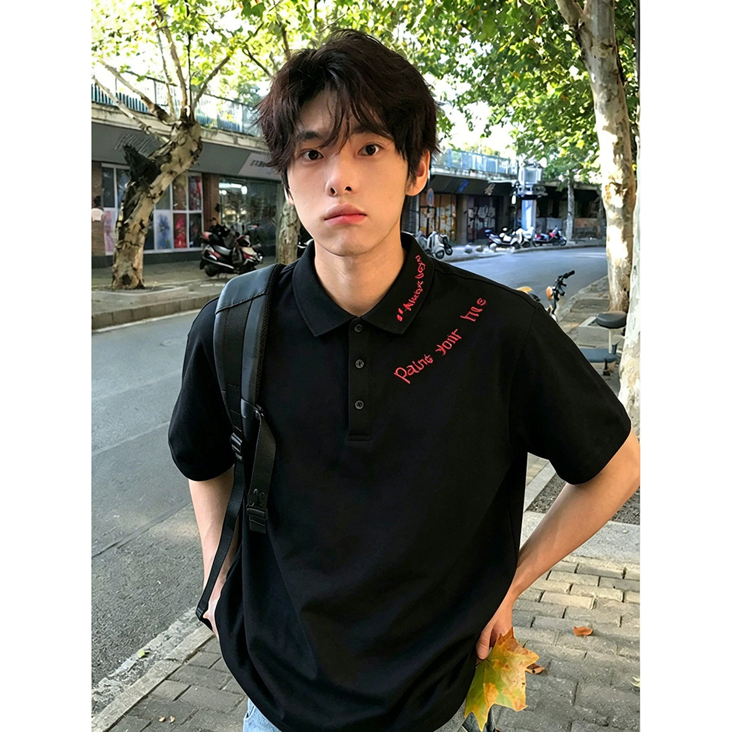 黑色红字刺绣polo衫短袖男款夏季美式翻领正肩t恤痞帅高级感半袖