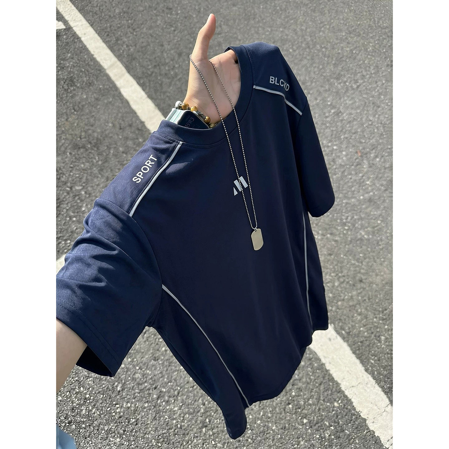 藏青色速干运动短袖男款夏季索罗娜凉感冰丝t恤户外骑行服半截袖
