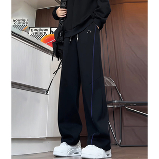 黑色美式条纹运动卫裤男款秋冬青少年酷帅裤子加长宽松直筒休闲裤